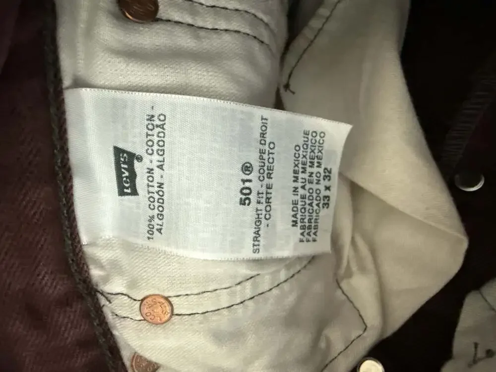 Levi's 501 Original Straight Fit Jeans Maroon Burgundy W33 L32